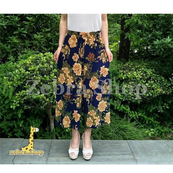 ガウチョパンツ レディース 7分丈 ロング丈 花柄 ストライプ柄