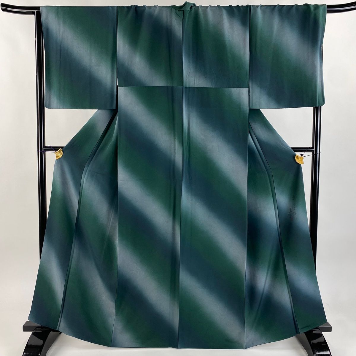 小紋 身丈164.5cm 裄丈71cm L 袷 落款 墨流し 斜めぼかし 緑 正絹