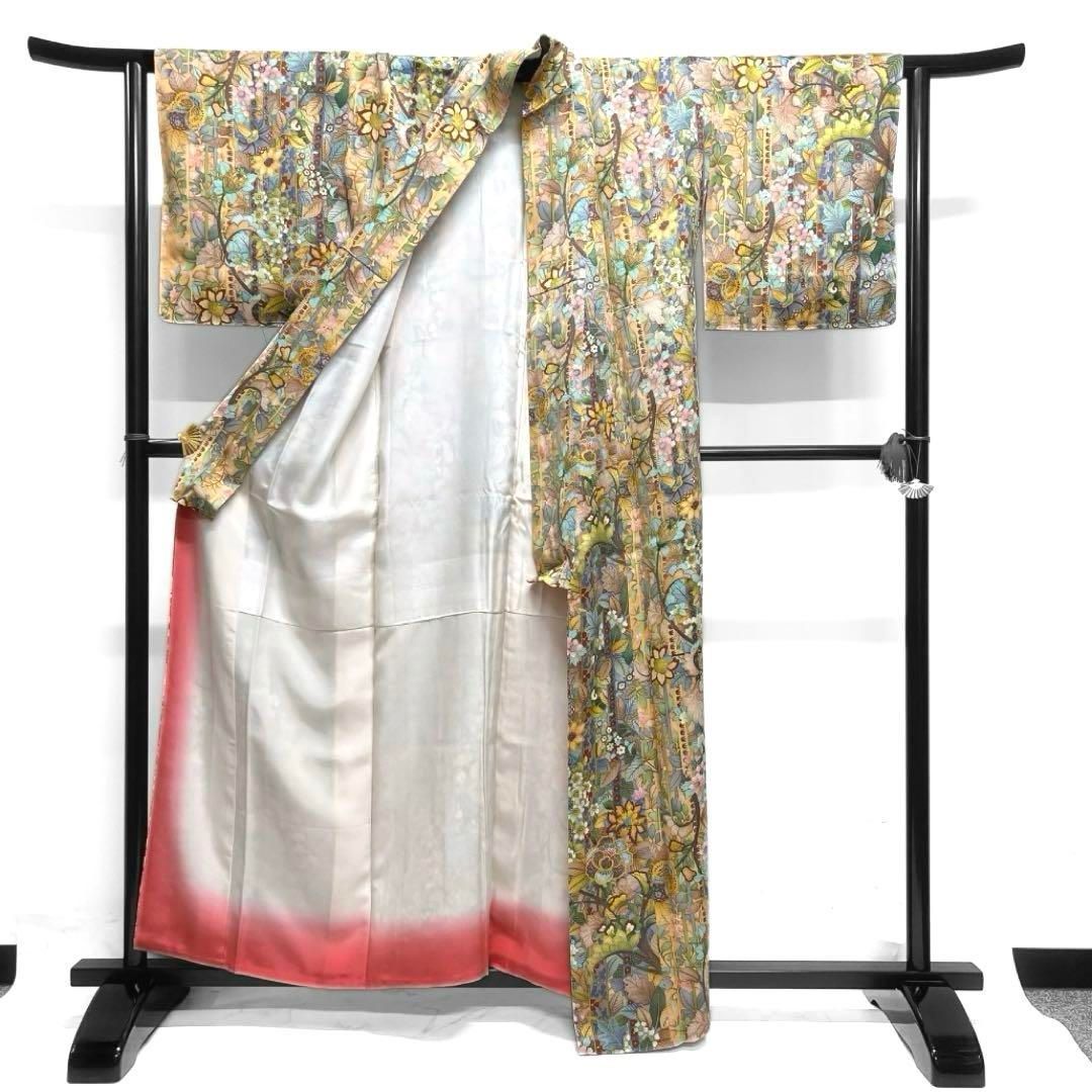 未着用作家もの小紋花模様リーフ竹くすみカラー着物033a d