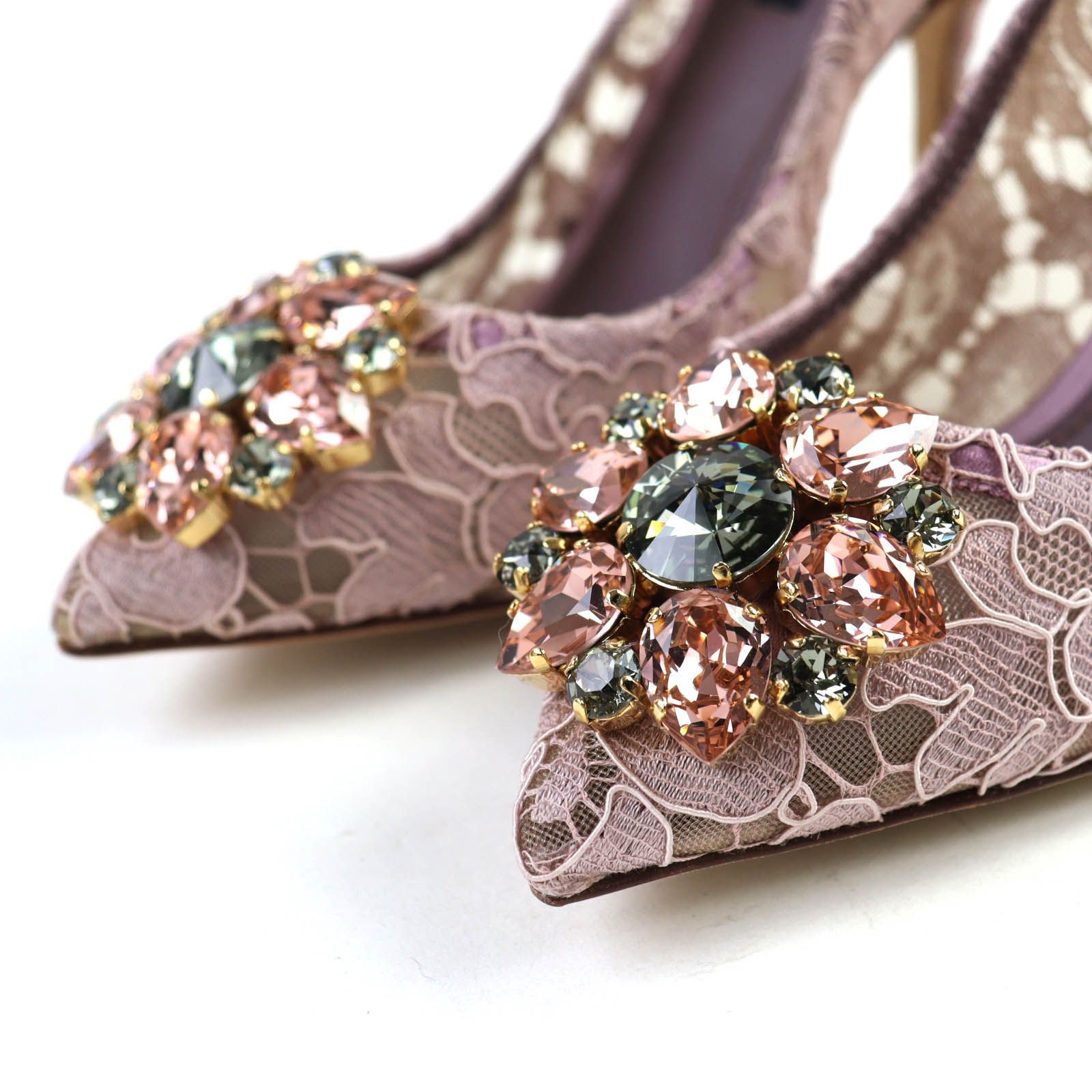 ♥品△DOLCE-GABBANA ドルチェ＆ガッバーナ サテン タオルミナレース クリスタル付き ポインテッドトゥ パンプス ピンクパープル系 37 箱 保存袋付き イタリア製 レディース 定価156 200円 KIN-KAAI_COM