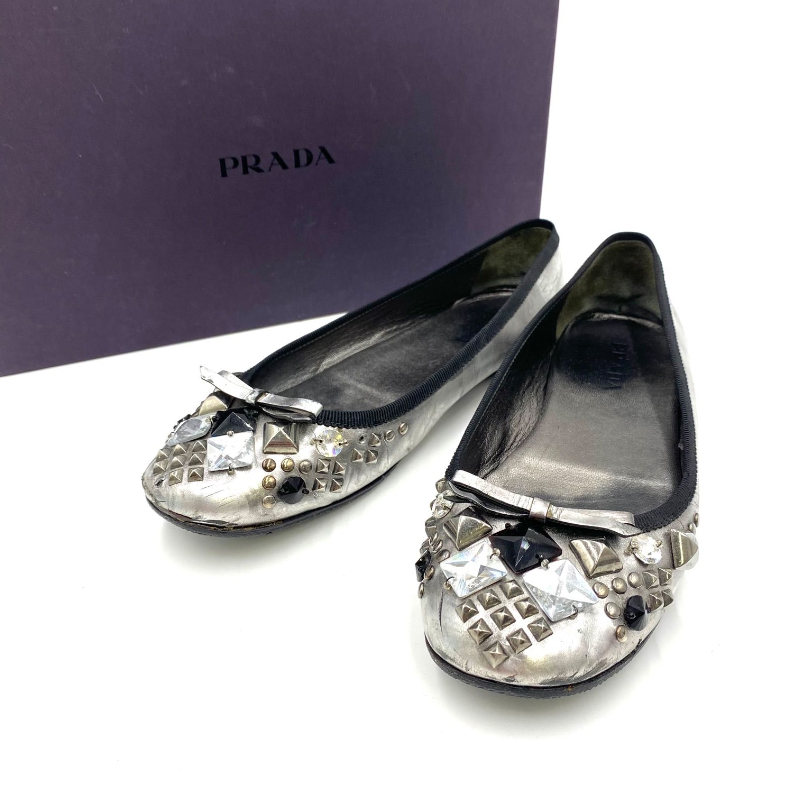 PRADA プラダ ローファー パンプス ビジュー シルバー ピンク 36 23.0 