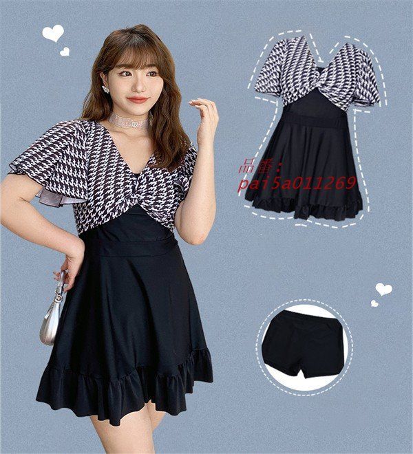 ワンピース水着 ブラック ぽっちゃり 韓国風 Vネック 可愛い セクシー 温泉 プール ビーチ ショートパンツ ノンワイヤー 大人 黒 pai5a011269