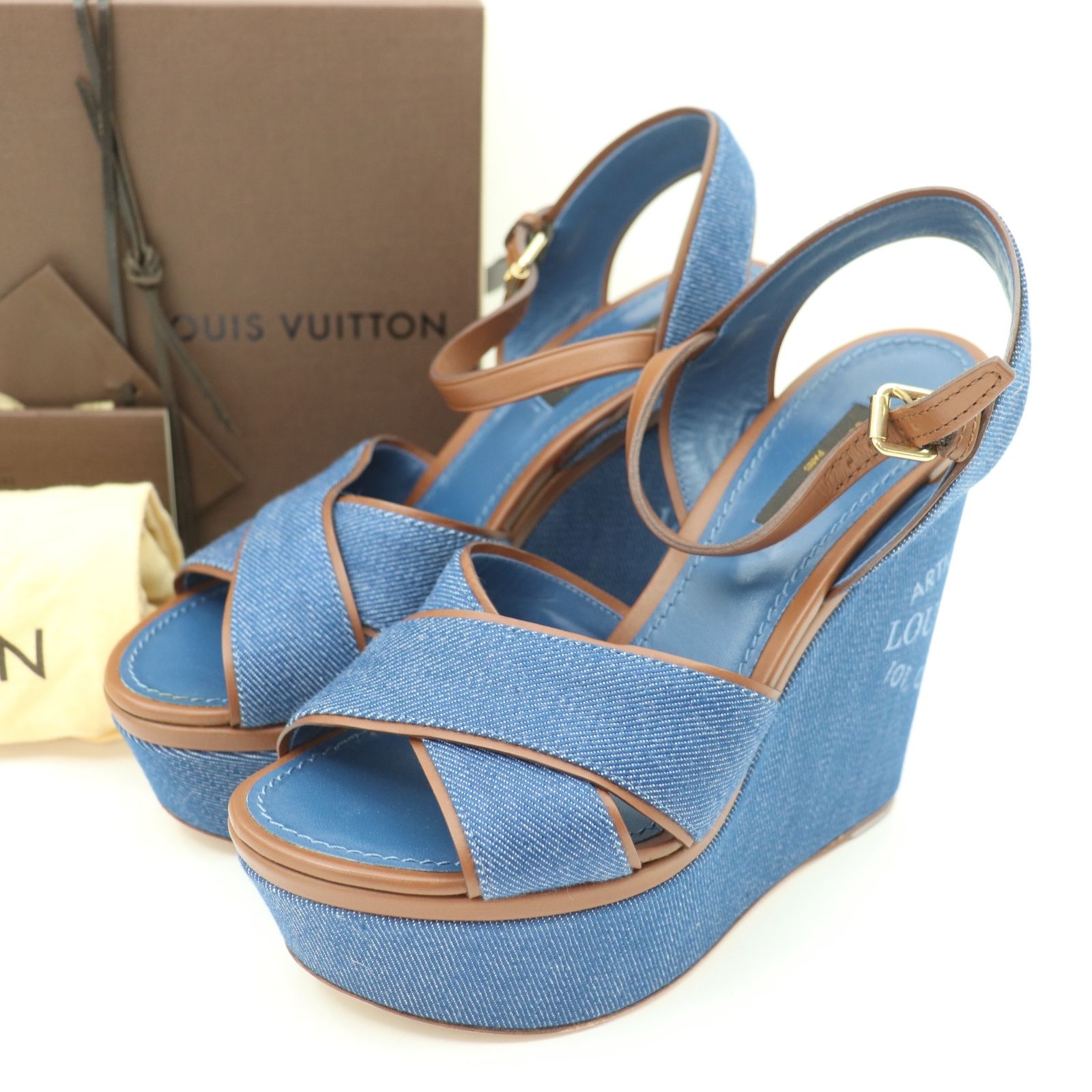 IT1SH4GUL026 LOUIS VUITTON ルイヴィトン サフィールコレクション ウェッジソール サンダル デニム ブルー ロゴ 厚底 ハイヒール レディース サイズ36