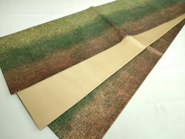 平和屋本店□極上 伝統工芸品 伊那紬 手織り 全通柄袋帯 間道 金彩