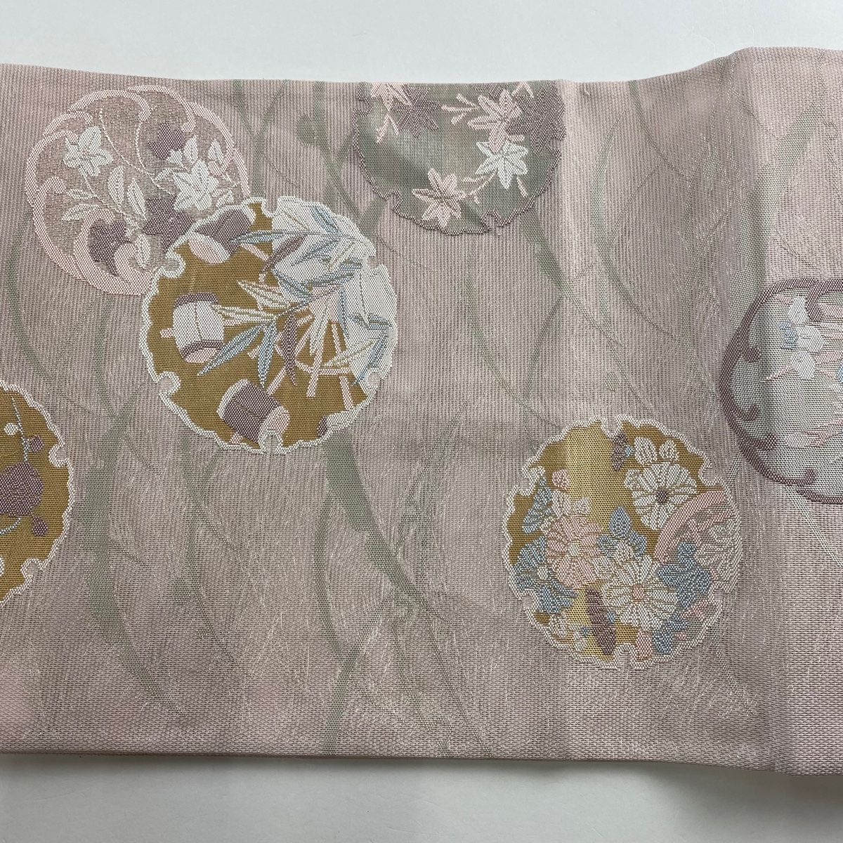 ⑥⑥⑤ 夏帯 雪輪　しば草 六通 袋帯 正絹 金糸 ⑥⑥⑤ 夏帯 雪輪 しば草 六通 袋帯 正絹 金糸 - メルカリ