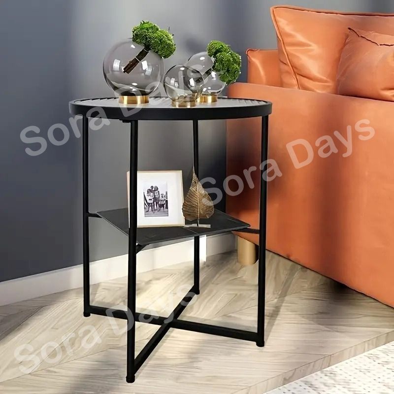 ② ガラストップ サイドテーブル 黒 ワイヤーラック風 モダン 北欧風 サイドテーブル ガラストップ ブラック 2段 クール かっこいい モダン