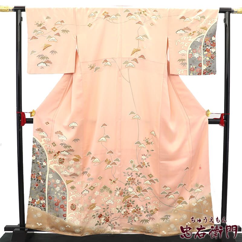 訪問着 袷 レディース 正絹 ピンク 落款 宝尽くし 滝文 身丈164.5cm 裄丈67.5cm 式典 入学式 卒業式 七五三 M～Lサイズ相当