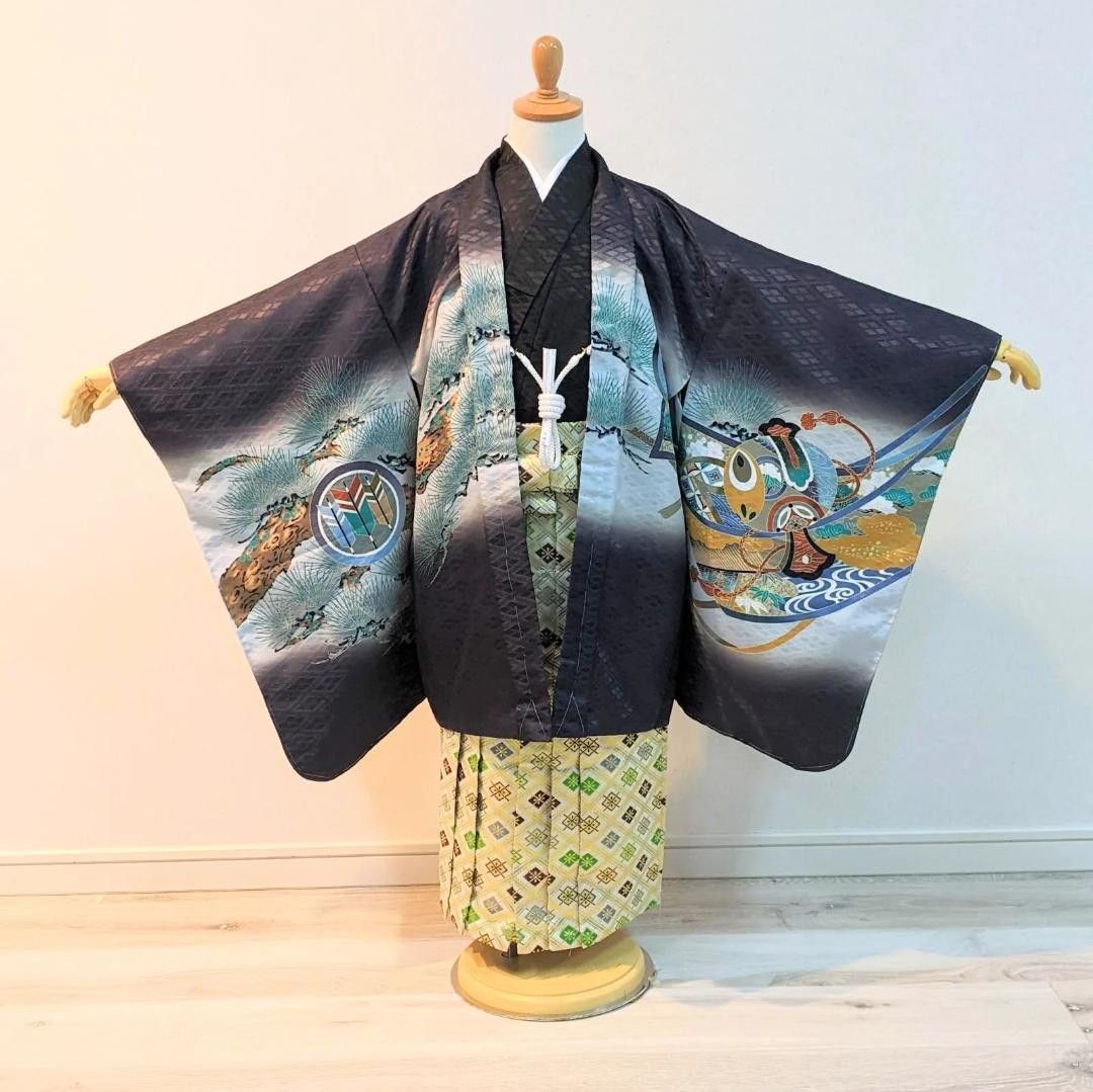 七五三 5歳 男の子 男児 着物 羽織 袴 セット 緑 太 鷹 A8-1 