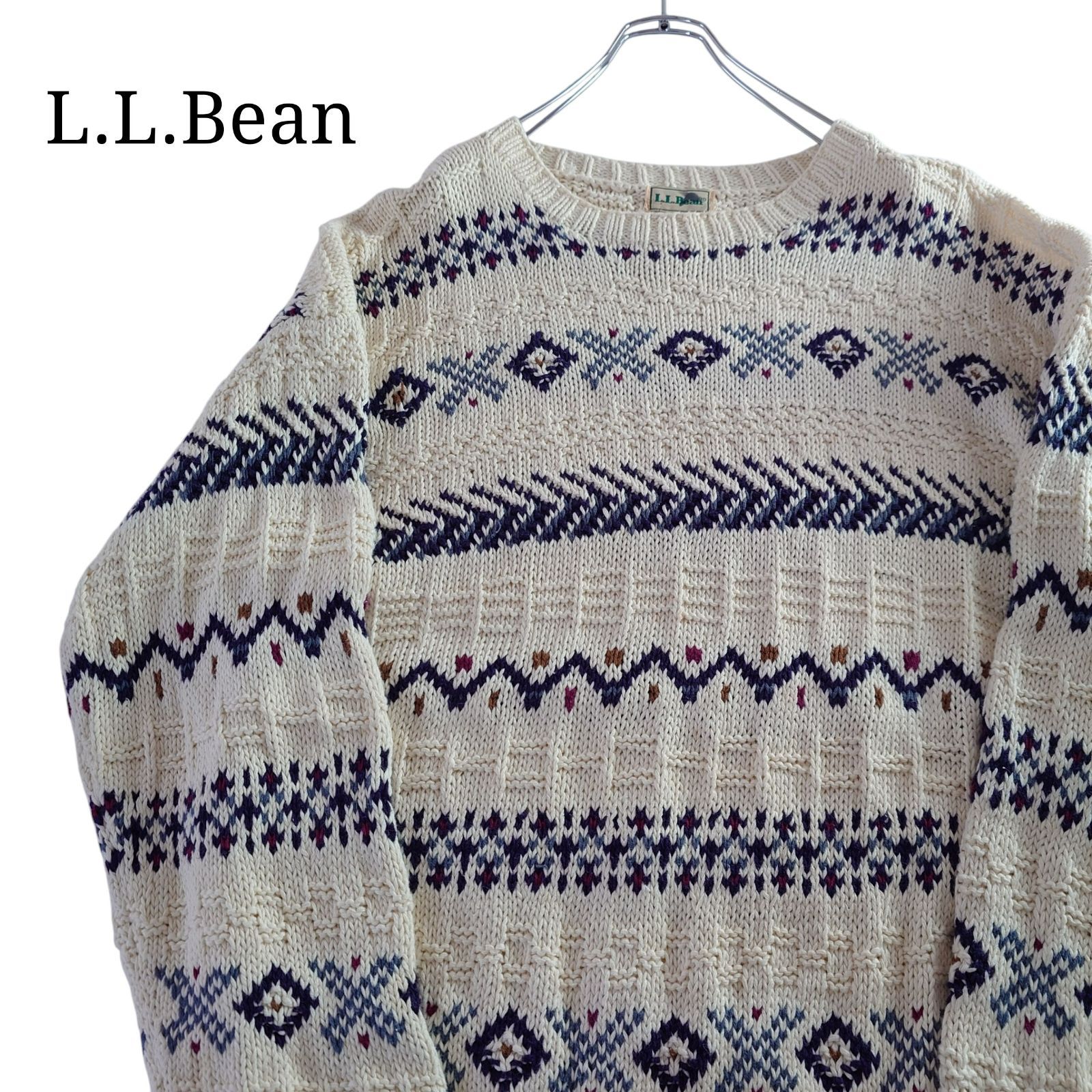 80s】L.L.Bean エルエルビーン コットンニット 白 デザイン古着 