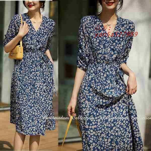 カシュクールプリントワンピース 5分袖 ウエストリボン ギャザースカート ネイビー花柄 ほっそり効果大通勤通学20代30代40代50代60代 yan5a527989