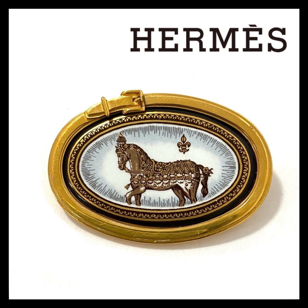 SJ HERMES エマイユ ブローチ ゴールド|金カラー 馬 七宝焼き コサージュ エルメス SJ-2686