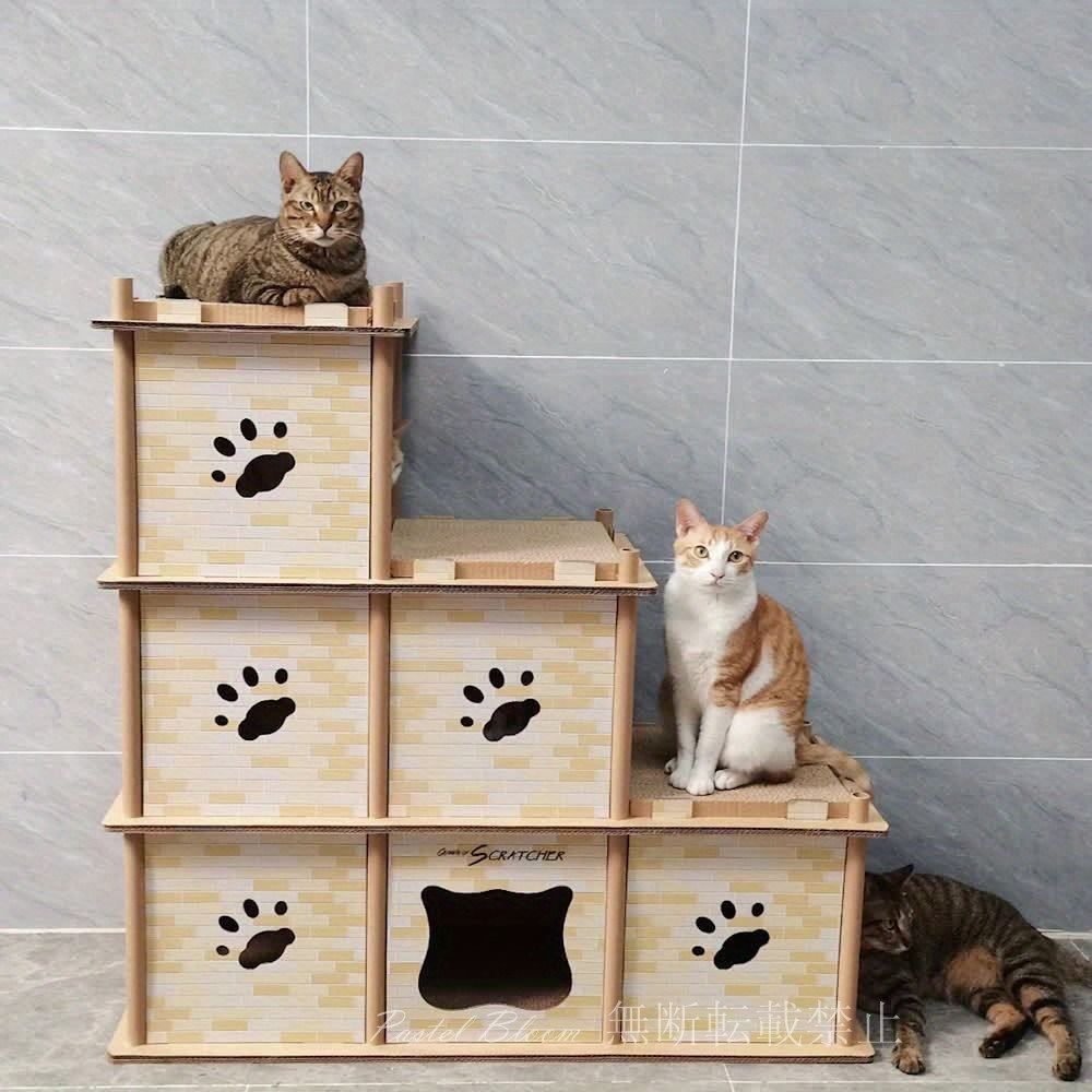 猫用段ボールハウス 爪とぎ キャットタワー キャットタワー 段ボールハウス 3階建てキャットハウス キャットハウス 段ボールハウス ベッド キャットボックス 組み立て式 高密度