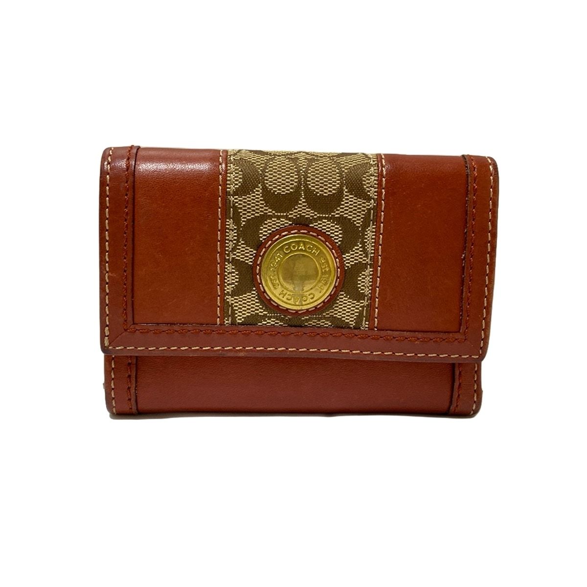 COACH(コーチ) 3つ折り財布 ミニシグネチャー柄 レッド×カーキ レザー 