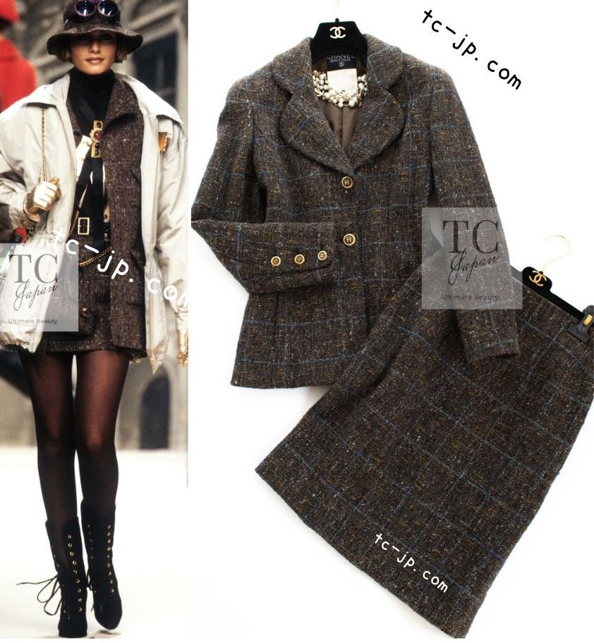 シャネル ジャケット スーツ CHANEL ヴィンテージ ブラウン ウール CCロゴボタン ツイード ブレザー スカート 貴重 超美品 38 シャネル ジャケット スーツ CHANEL ヴィンテージ ブラウン ウール CC