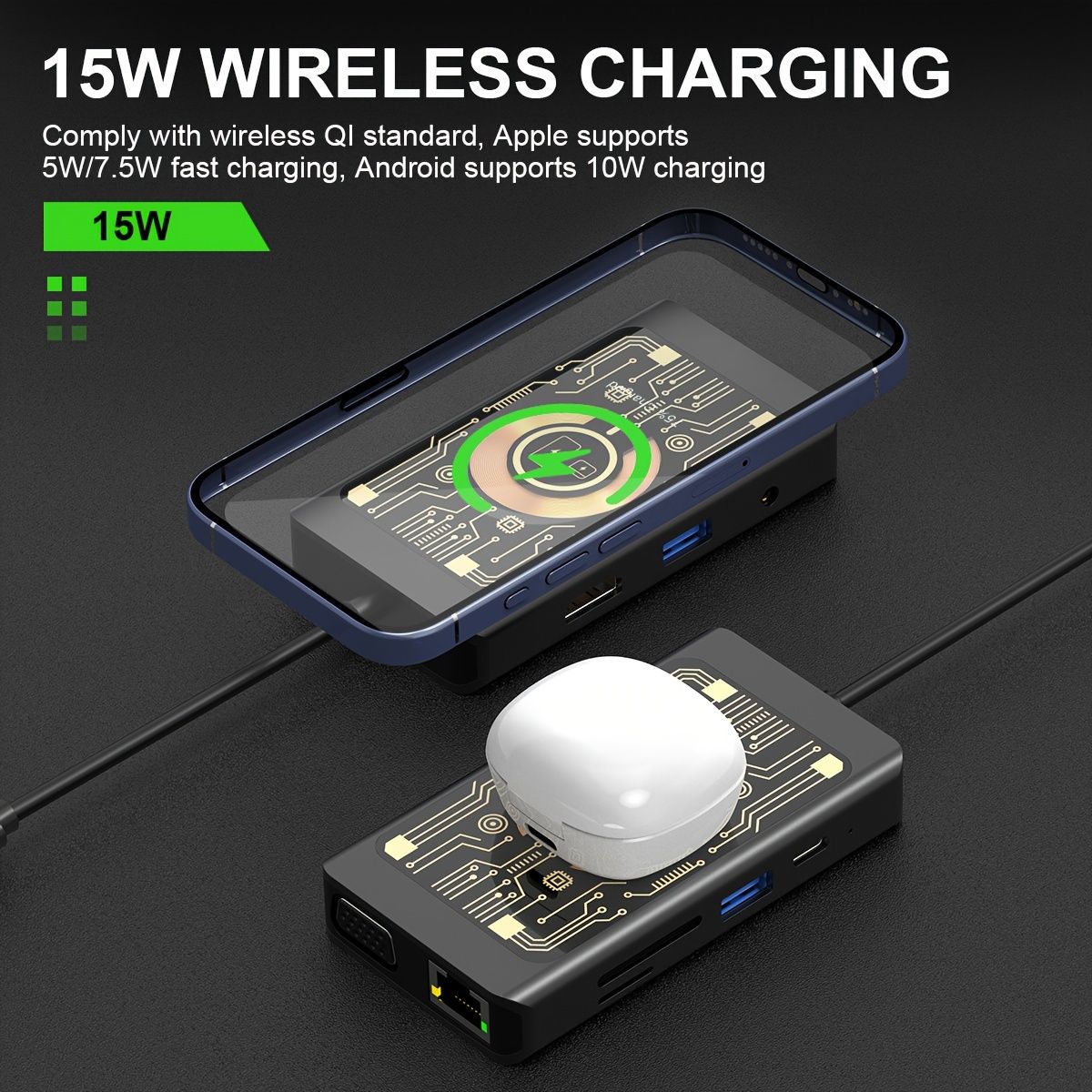 9 in 1 USB C ハブ デュアルモニター対応 ドッキングステーション ワイヤレス充電器付き HDTV 4K@30Hz、VGA、2つのUSB 3.0ポート、100W PD、SD/TFカードリーダー、3.5mmオーディオ、Thunderbolt 3デバイ