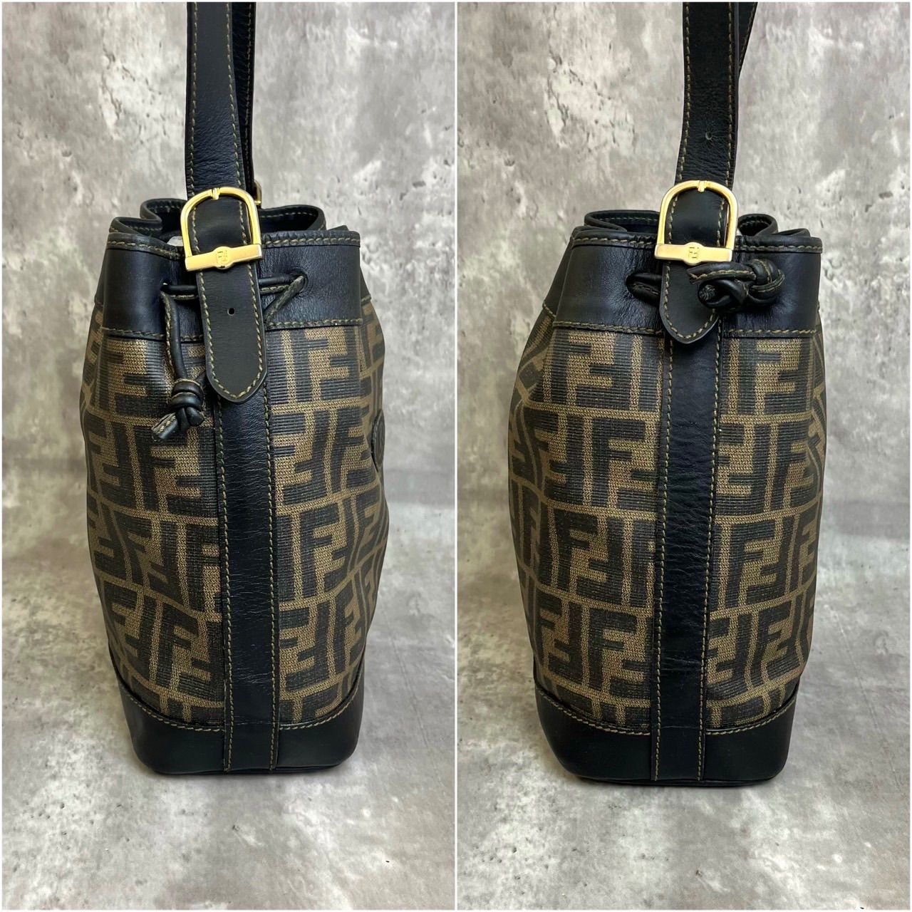 ✨良品✨ FENDI フェンディ ショルダーバッグ トートバッグ バケツ型 巾着 ズッカ柄 FFロゴ 総柄 ゴールド金具 PVCレザー 肩掛け  レディース ブラック 黒色 - メルカリ