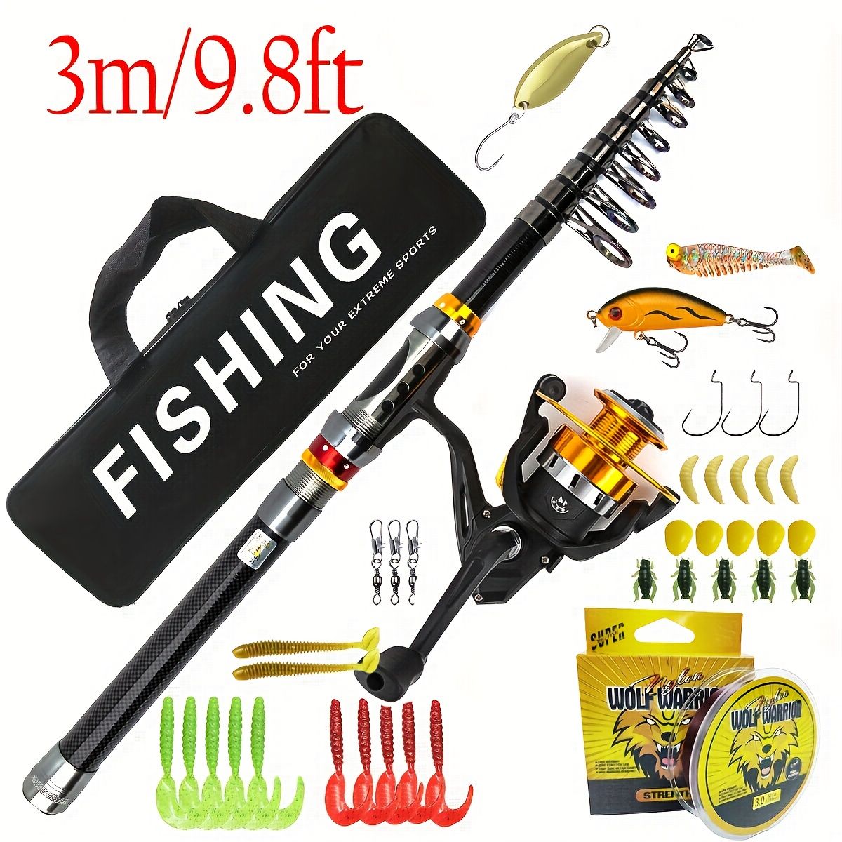 携帯に便利 伸縮式カーボン製釣り竿フルセット 3.6 m