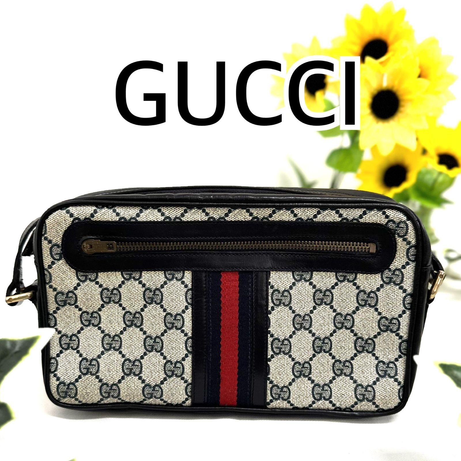 【美品】グッチ　ハンドバッグ　GGスプリーム　シェリーライン　レザー　ネイビー 美品】グッチ ハンドバッグ GGスプリーム シェリーライン レザー