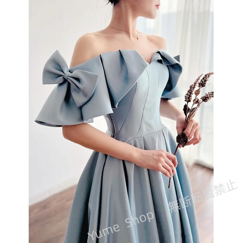 ♥ カラードレス ブルー リボン オフショルダー 前撮り 披露宴 ロングドレス 結婚式 二次会 発表会 演奏会 ウェディングドレス ウエディングドレス Aラインドレス nhdw15