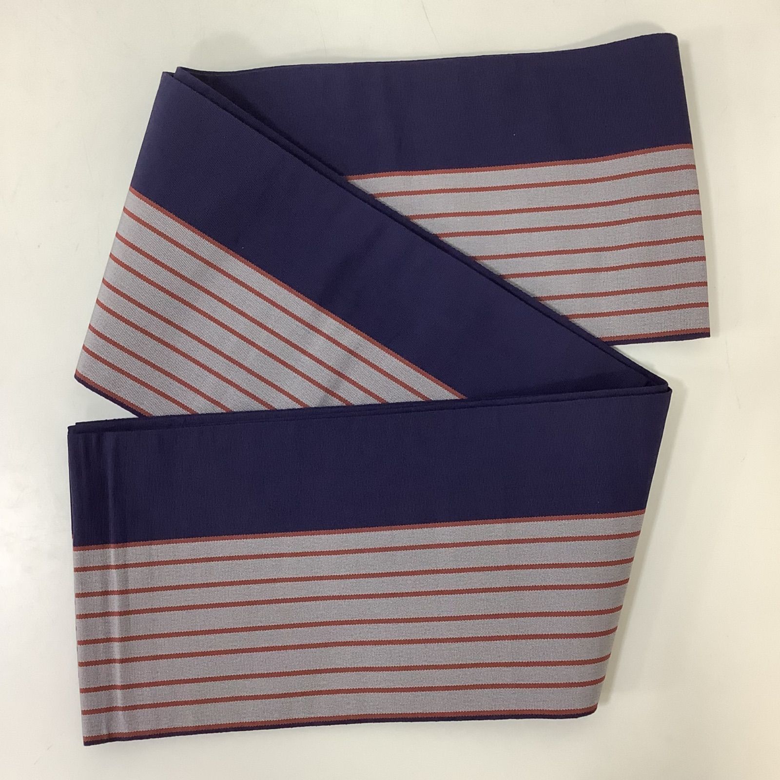 本場筑前 博多織 小袋帯 半幅帯 両面 絹100% 正絹 証紙付き 井上絹織 紺地 う251006-2