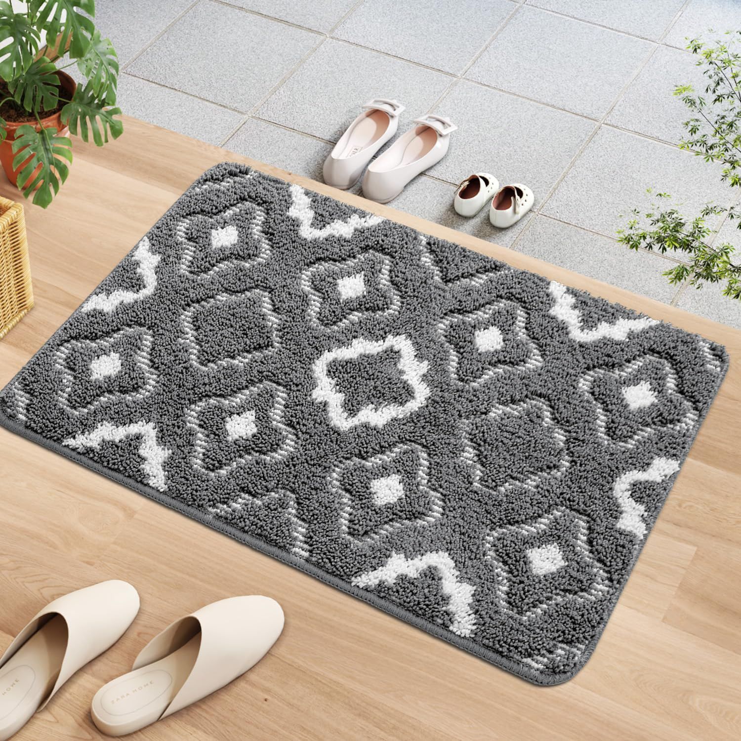 【新着商品】約50x80cm 花柄 おしゃれ 滑り止めマット 室内 玄関ラグ 泥落とし 吸水 お手入れ簡単 玄関マット 洗える 割れない 耐久性 DEXI エントランス 入り口 グレー