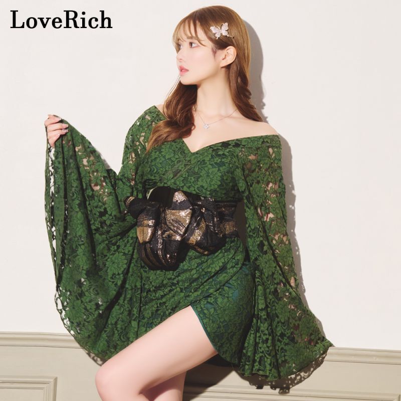 BIG SALE！ LoveRich ラブリッチ 3 2点セット 総レース ミニ 美胸 ロング 豪華 帯 花魁 着物 ドレス コスプレ イベント ハロウィン キャバドレス 1170