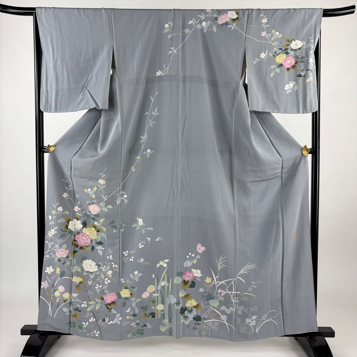 訪問着 身丈155cm 裄丈61cm S 袷 草花 幾何学 水色 正絹 優品 【中古】