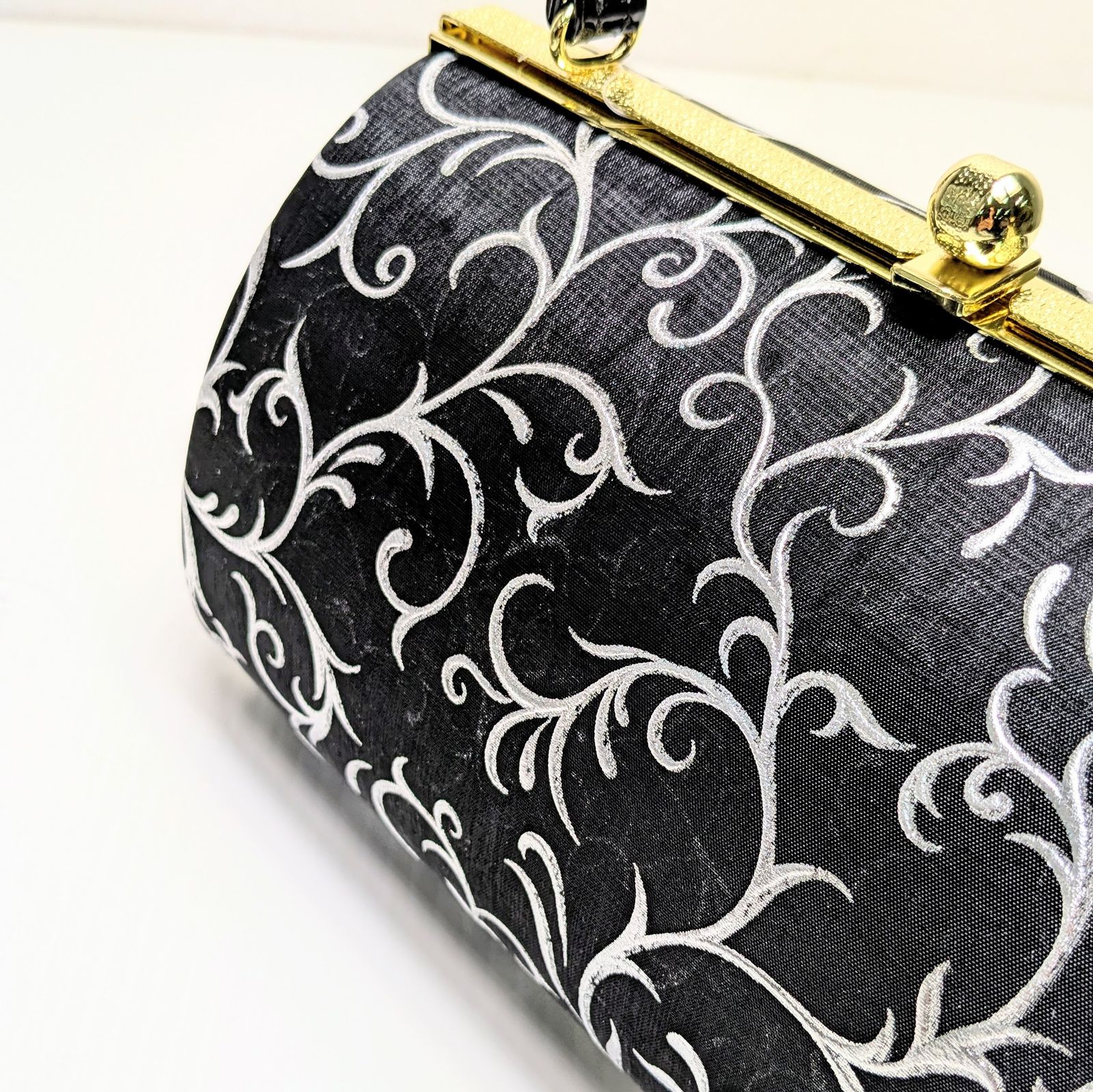 草履バッグセット 帯地 銀彩 唐草 フリーサイズ ブラック×シルバー  