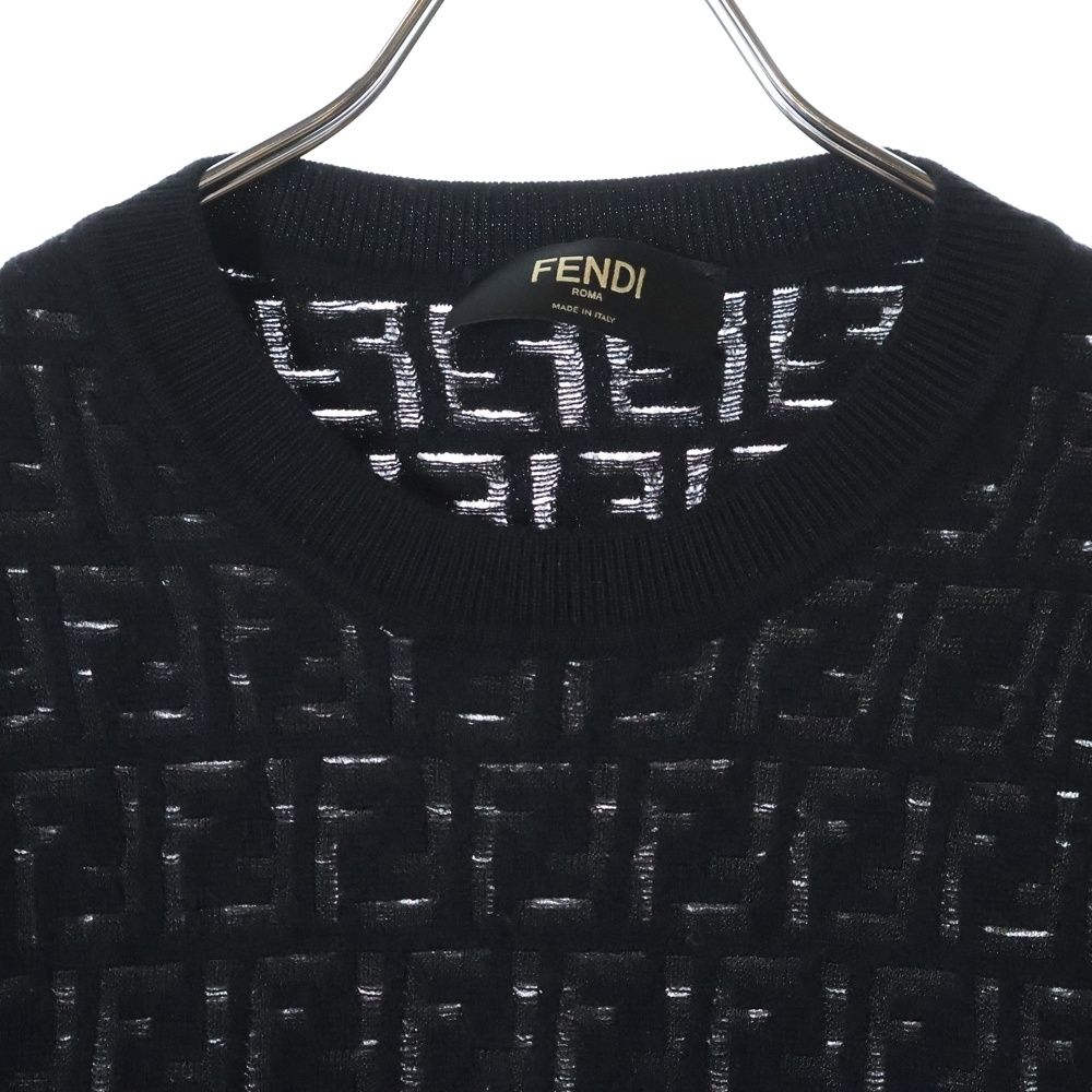 【美品】フェンディ ウールニット ズッカ柄 ダブルフェイス ブラック キャメル FENDI (フェンディ) ロゴ ズッカ柄 ウール クルーネックニット