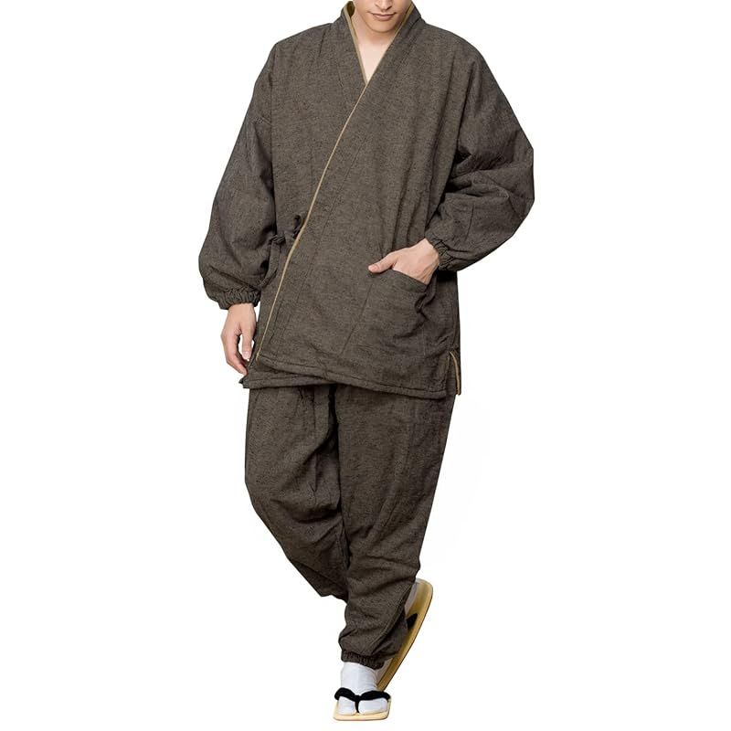 キョウエツ 作務衣 冬用 中綿入り 紬風生地 フリース裏地 16 メンズ M 樺茶