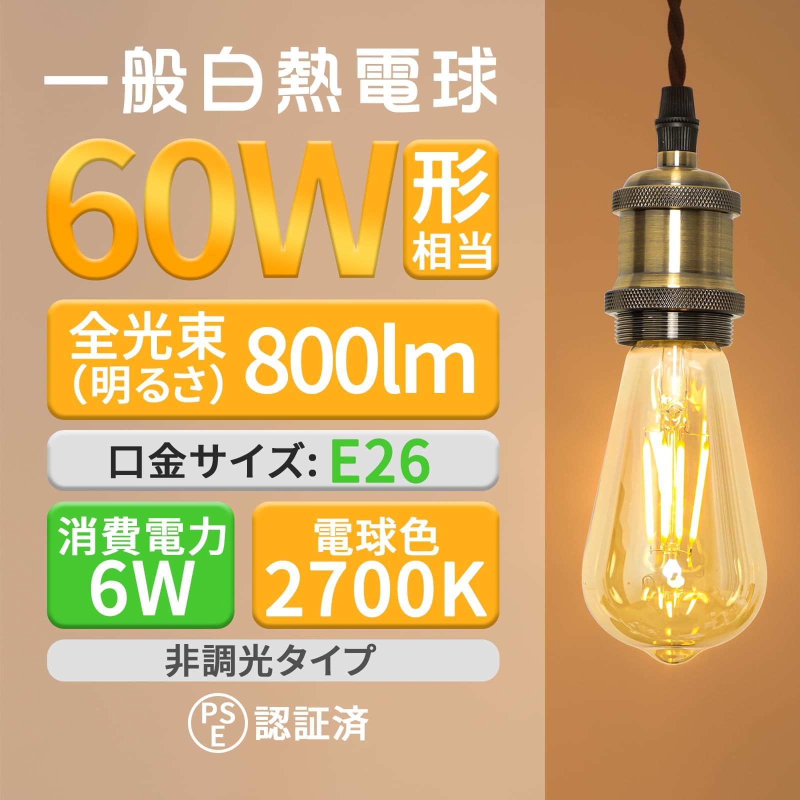 電球色 2700K 800lm 電球 6W 全方向タイプ 60W形 エジソンランプ 電球色 2700K 800lm 電球 6W 全方向タイプ 60W形 エジソンランプ