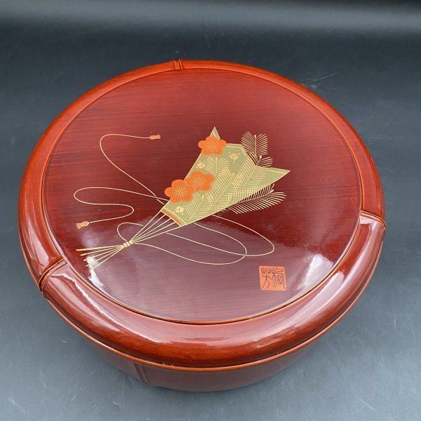 漆器　新潟塗円形茶櫃　茶道　竹使用漆製品 J224保管品 円形 茶櫃 茶びつ 菓子器 木製 漆器 漆塗 煎茶 茶器