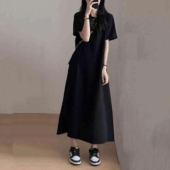 ワンピース レディース ロングワンピース 半袖 tシャツワンピース 黒 クルーネック フ ワンピース 無地 ミモレ丈 ワンピ スウェット トレーナー ゆったり おしゃれ カジュアル シンプル 体型カバー 着痩せ 大きいサイズ 夏 chanchu01