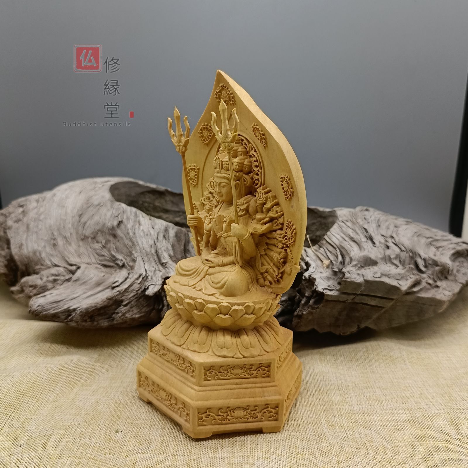 修縁堂】珍品 木彫り 仏像 千手観音菩蕯座像 彫刻 一刀彫 天然木檜材