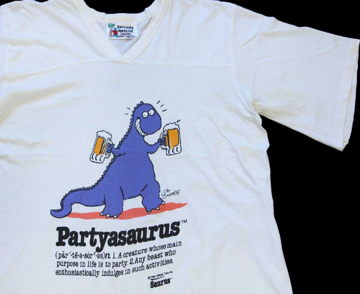 80s USA製 Saurusly Speaking Partyasaurus 恐竜 ビール Vネック コットンTシャツ 白★オールド ビンテージ ワンピース オーバーサイズ 80s USA製 Saurusly Speaking Partyasaurus 恐竜 ビール Vネック