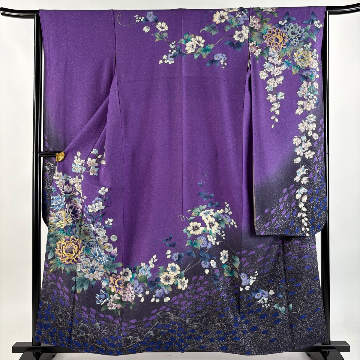 振袖 身丈160cm 裄丈64cm M 袷 牡丹 草花 金通し 金彩 紫 正絹