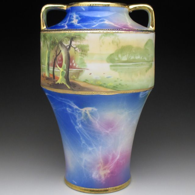 CM310オールドノリタケ 風景 白鳥 三足鉢 皿 湖畔 金盛 青 明治