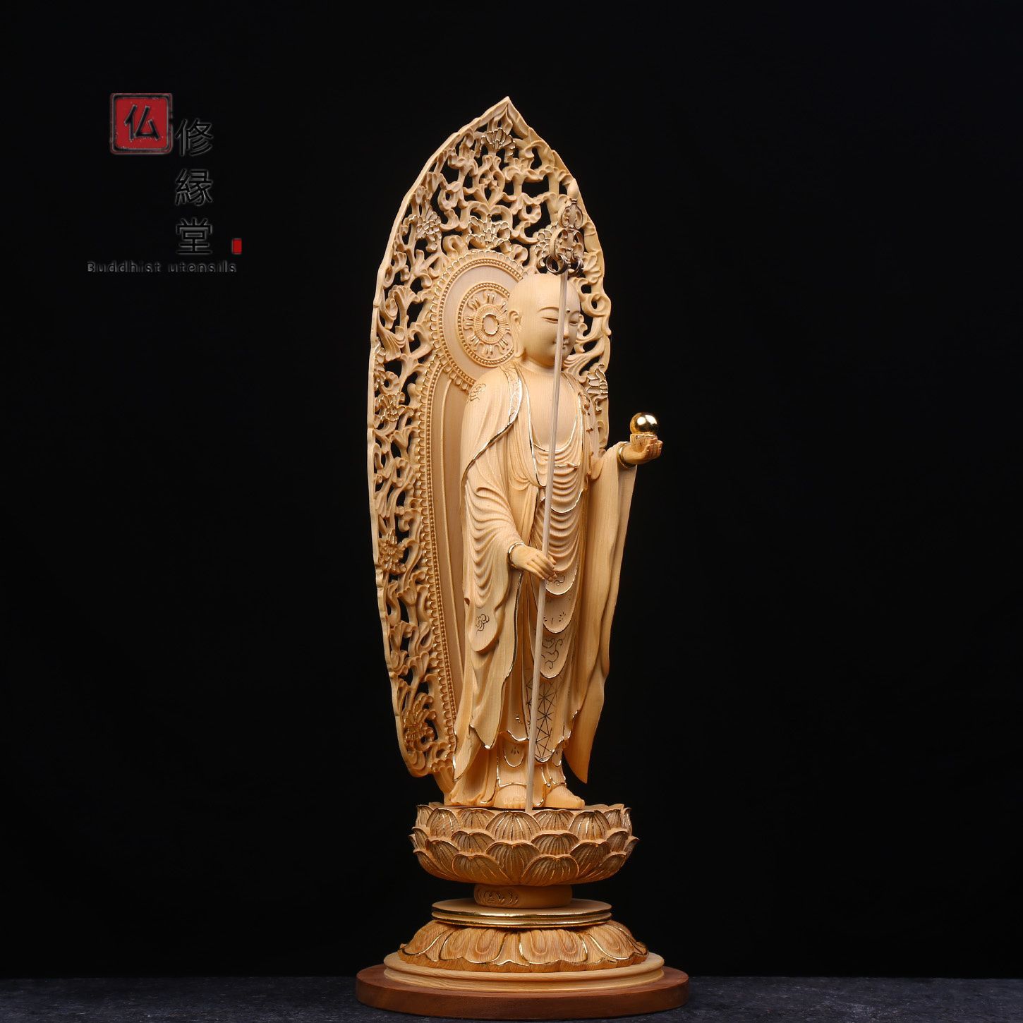 【修縁堂】極上品 木彫仏像 地蔵王菩薩立像 彫刻 一刀彫 天然木檜材 鎮宅辟邪 修縁堂】極上品 木彫仏像 地蔵王菩薩立像 彫刻 一刀彫 天然木檜