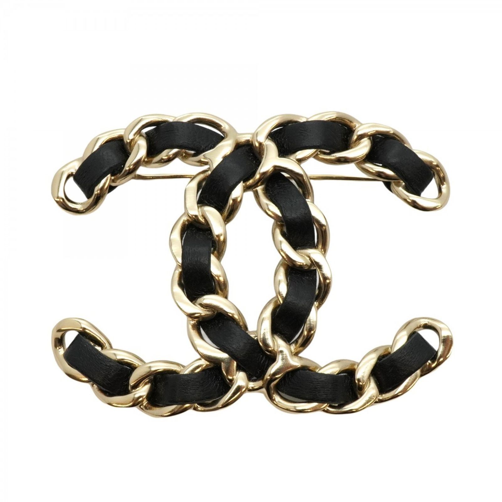 シャネル Chanel シャネル ブローチ ココマーク GPメッキ レザー シャンパンゴールド ブラックレディース