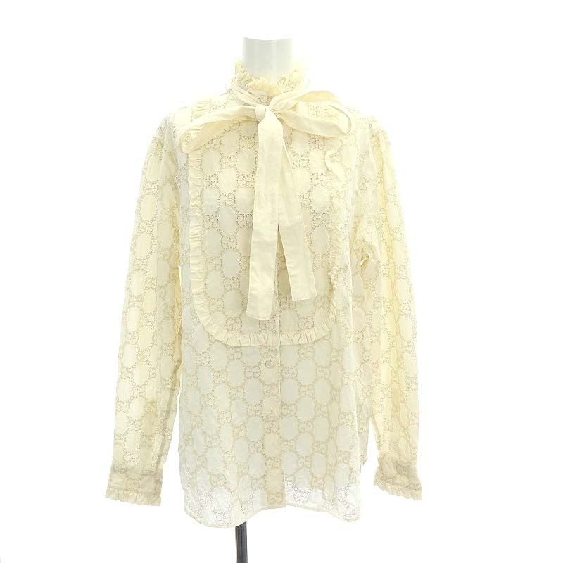 GUCCI グッチ ボウタイ リボン シルクシャツ ブラウス アイボリー 592367 44サイズ Apparel
