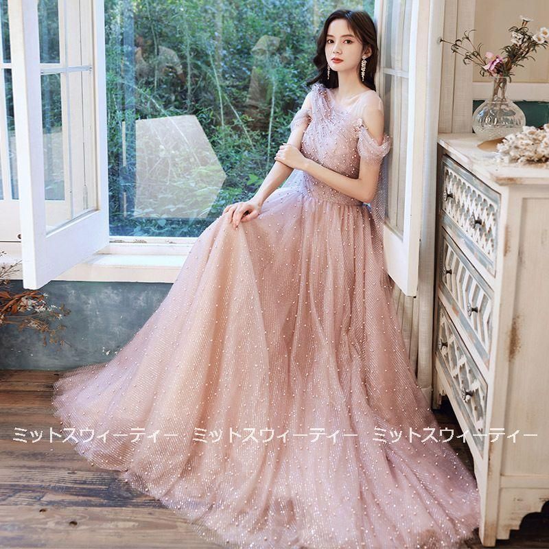 Aラインドレス ロング ドレス 演奏会 コンサート 安い 結婚式 ウエディングドレス 二次会 花嫁 発表会 ピンク オフショルダー カクテ