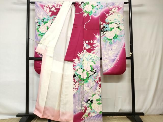 平和屋着物□豪華振袖 檜扇草花文 暈し染め 銀彩 正絹 逸品