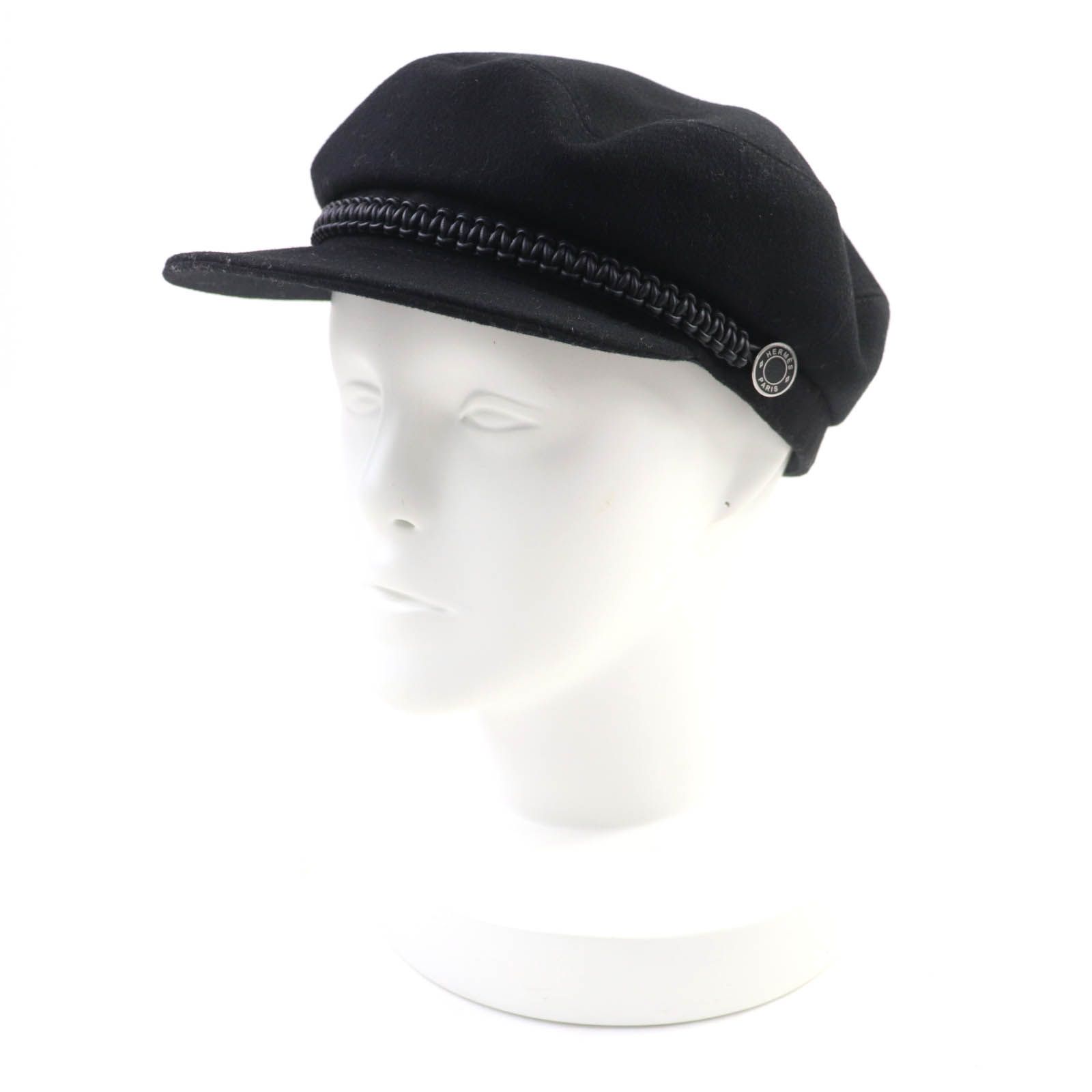 HERMES エルメス ドーヴィル カシミヤ100％ セリエ金具付 レザー使い キャスケット ブラック 58 保存袋付き フランス製 正規品 レディース