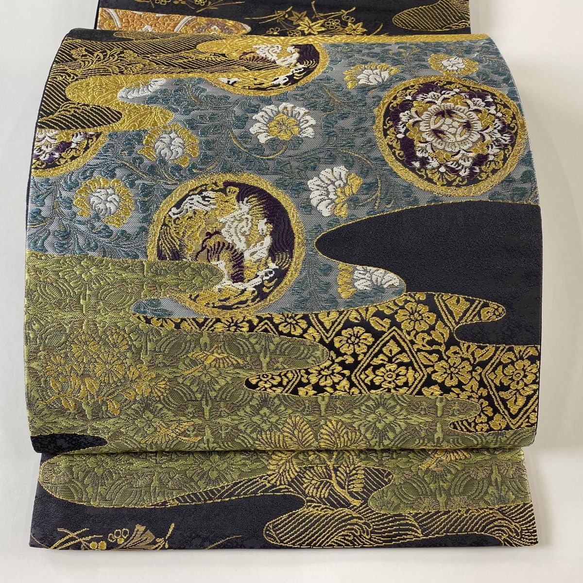 袋帯 美品 秀品 丸文 花唐草 金糸 箔 灰紫 六通 正絹 【中古