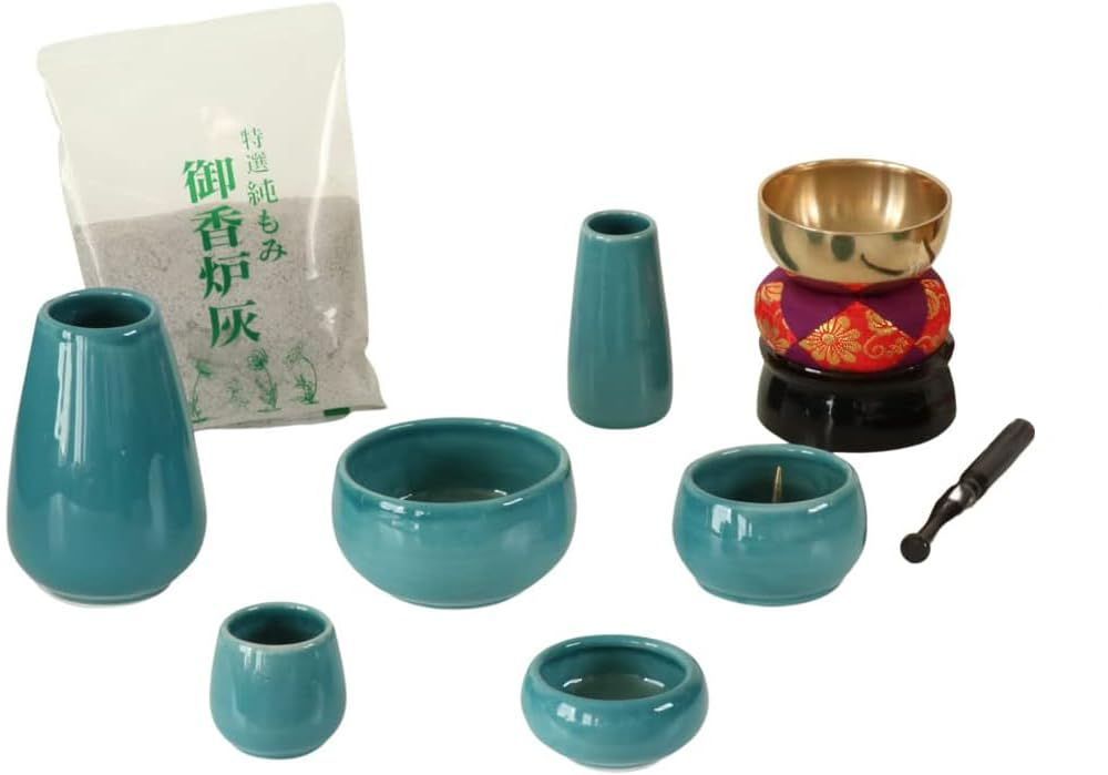商品 仏具セット 陶器 6点 おりんセット 香炉灰付 モダンミニ仏壇用 もみじ ターコイズ set