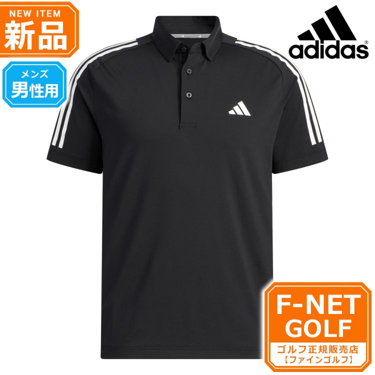 新品 【ブラック】春 夏 モデル adidas アディダス ゴルフウェア NMJ55 スリーストライプス 半袖 ストレッチ ボタンダウン シャツ ポロシャツ [吸汗速乾] （メンズ）