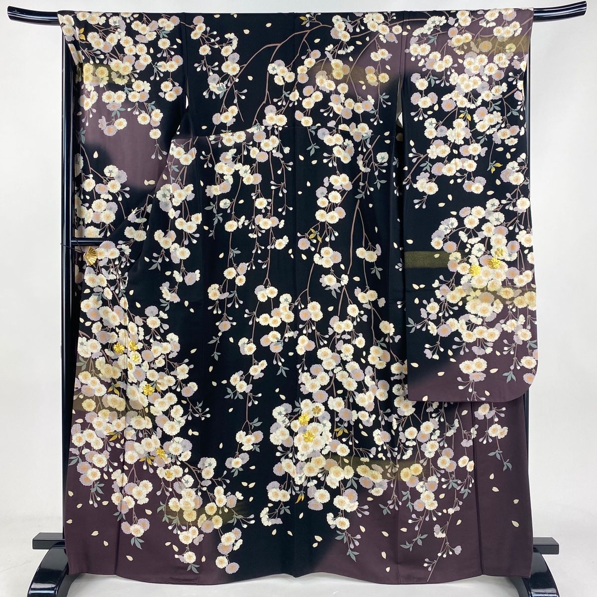 振袖 身丈167cm 裄丈67cm M 袷 枝垂れ桜 金通し 金糸 黒 正絹