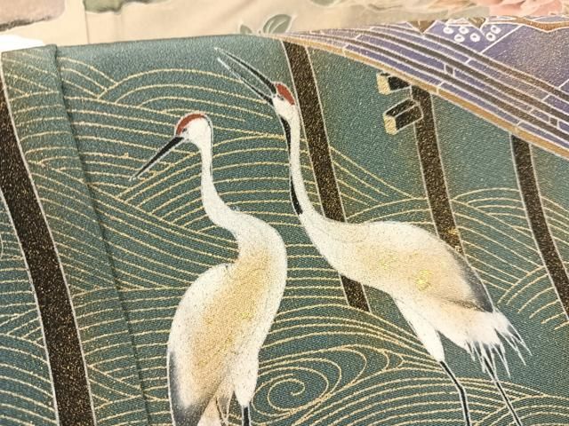 平和屋着物○訪問着 群れ鶴 草花文 暈し染め 金彩 正絹 逸品