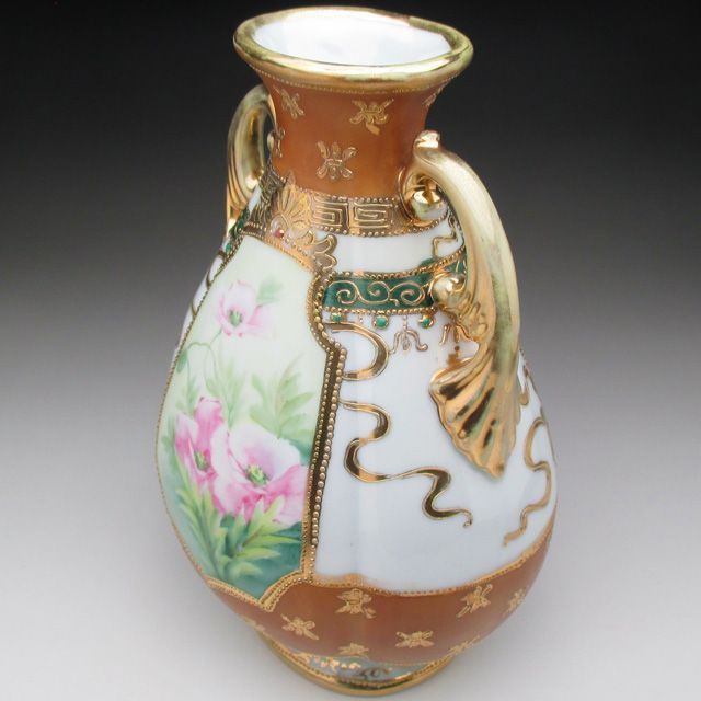オールドノリタケ 茶地金盛りジュール芥子絵 花瓶 21cm - メルカリ