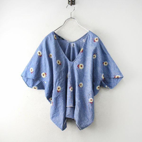 45R★コットンリネンダンガリーデイジープリントのシャツ 45R☆コットンリネンダンガリーデイジープリントのシャツ